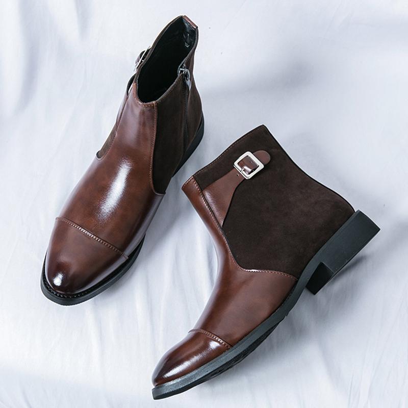 

Мода Зимняя Мода Мужские Остроносые Лоскутные Ботильоны из Лакированной Кожи с Пряжкой на Ремне Мужские Повседневные Ботинки на Высокой Платформе 38