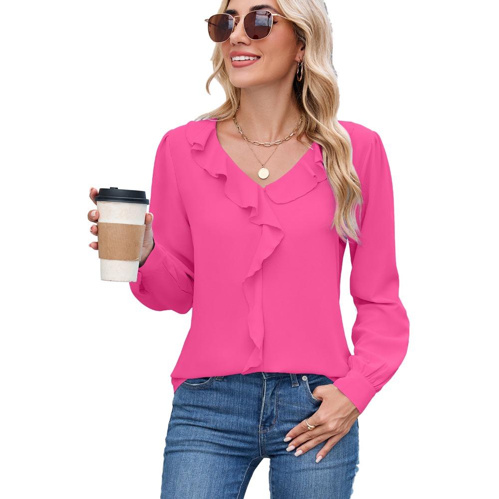 Women's V-Neck Long Sleeve Solid Color Blouse Loose Fit Casual Basic Polyester Top