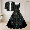 Women Plus Size Two Piece Dress Set Short Sleeve Cropped Shrug Sleeveless Square Neck Tie Waist Flared Dress Black Printed