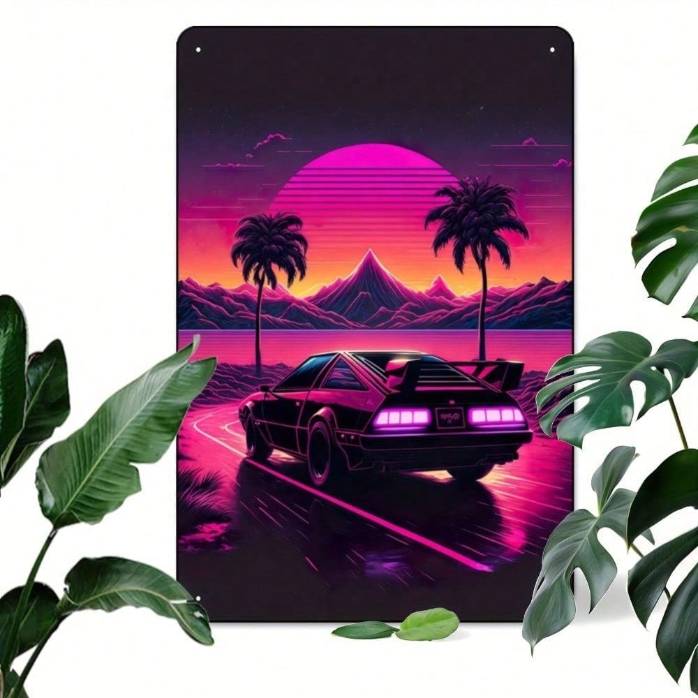 Retro Synthwave Car Sunset Metal Tin Sign Vintage Vaporwave Wall Art Unframed Man Cave Decor 8x12 Inch