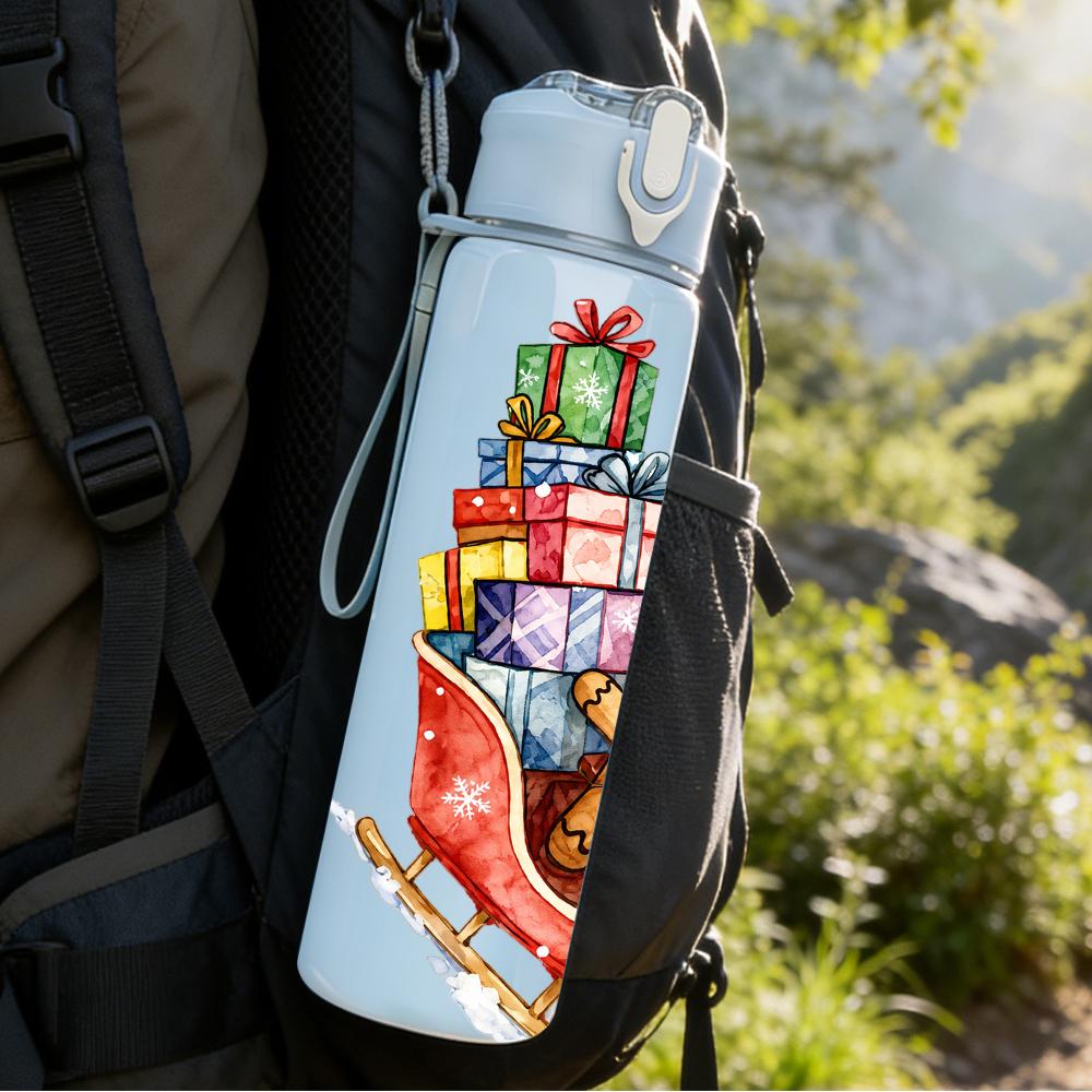1PC Gingerbread Man Gift Sled Layout 750ml Color Plastic Water Bottle Leakproof Flip Straw Lid For Sports Office Home Use