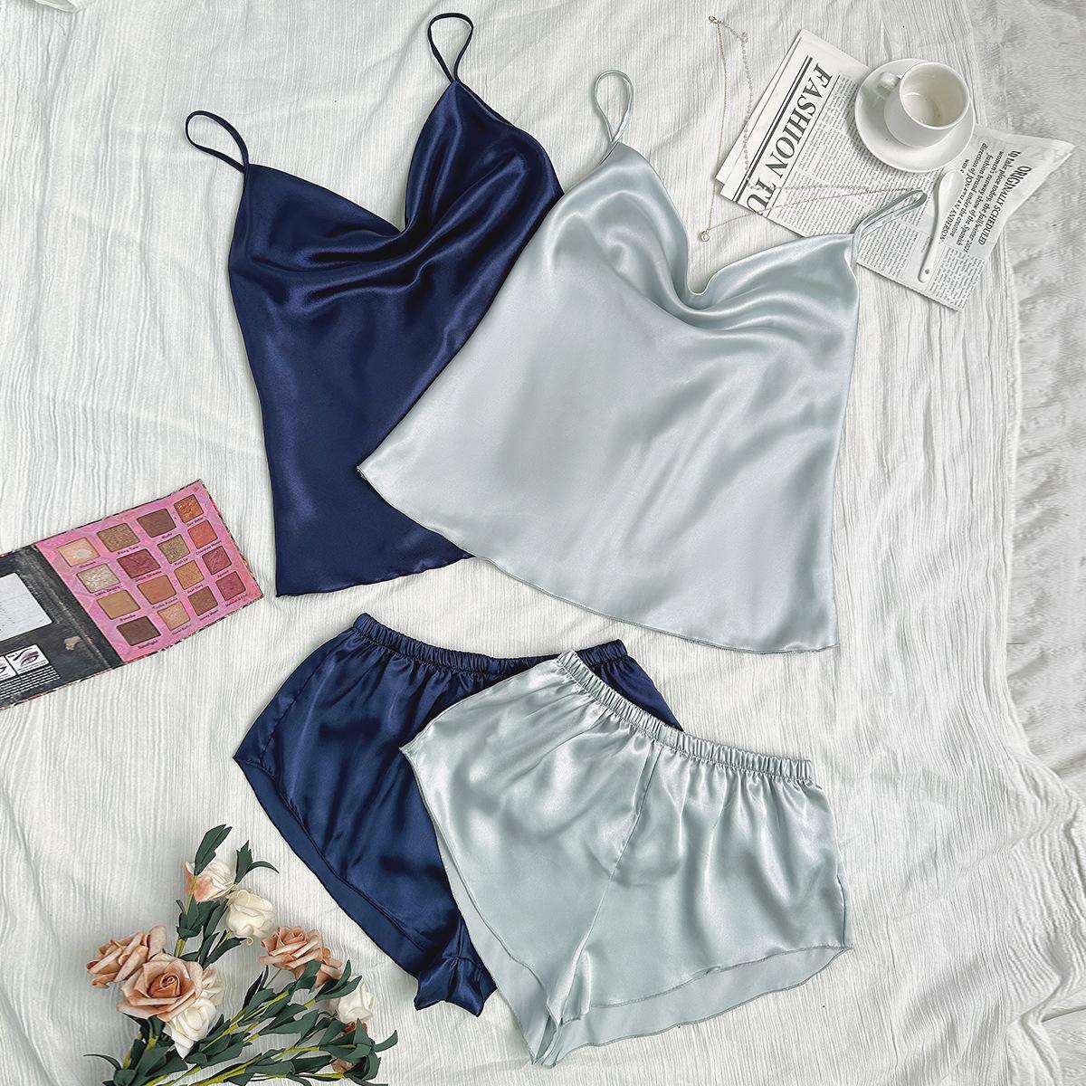 

Комплект женской пижамы из 2 предметов, однотонный, дышащий, из искусственного шелка, топ с V-образным вырезом, эластичная резинка на талии, шорты, одежда для сна, летняя, легкая, мягкая, удобная пижама XL