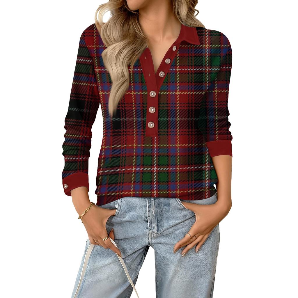 Women's Retro Street Lazy V,neck Long Sleeve Button Plaid Print Pullover Top