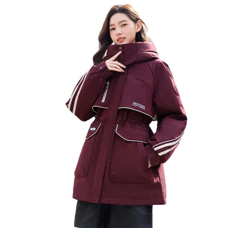 

New winter hooded color matching windproof casual loose large version pie to overcome thickened down cotton-padded clothes XXL бордовий