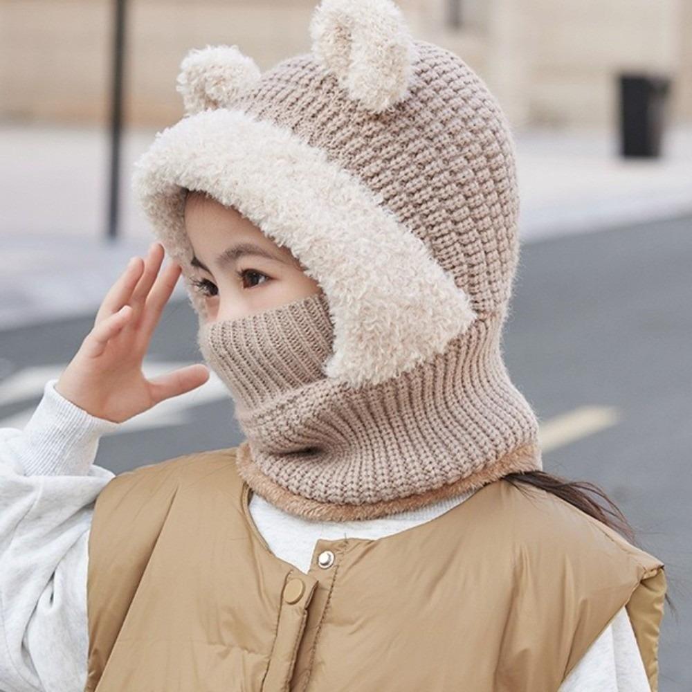 Fluffy Bear Ear Knitted Hat Solid Color Scarf Cap Fashion Baby Hooded Hat Toddler