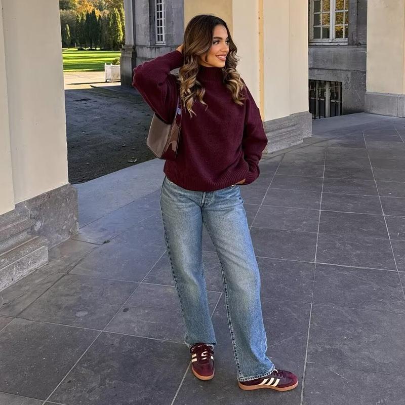 Casual Turtleneck Pullover Women Autumn Winter Dark Red Loose Sweater Female Full Sleeves Solid Color Knitwear Lady All-match Pullovers