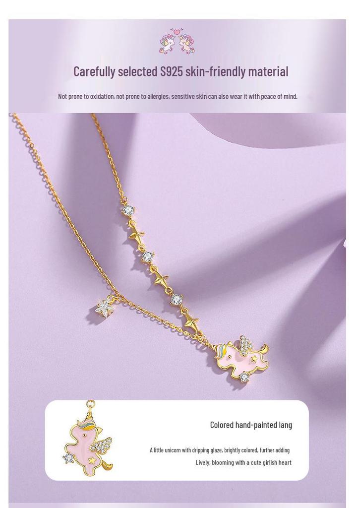 Tichia Rainbow Unicorn Necklace: S925 Silver Starry Collarbone Chain for Women