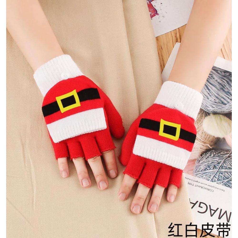 Winter Cute Girls Christmas Gloves Kids Warm Cartoon Gloves Students Fingerless Writing Gloves with Flip Cover 7-13Y