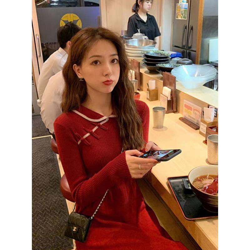 

Red knitted dress women s autumn and winter new cheongsam improved festive return toast dress dress dress S