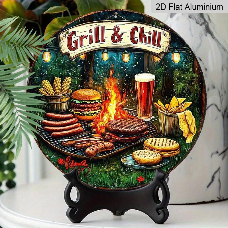 2D Flat, 1pc Vintage Grill & Chill BBQ Metal Aluminum Wall Sign - Round Art for Indoor/Outdoor Decor, Perfect for Rustic Home, Cafe, Bar, Garage