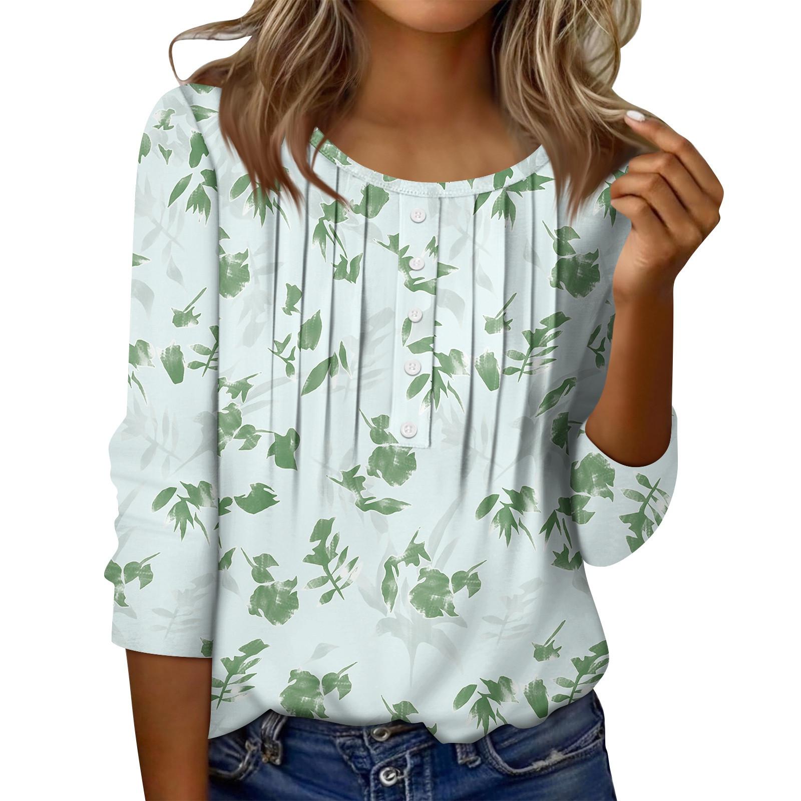 

Женский топ с круглым вырезом, декоративными пуговицами и полосками, повседневная футболка однотонного цвета с рукавом 3/4 XXL