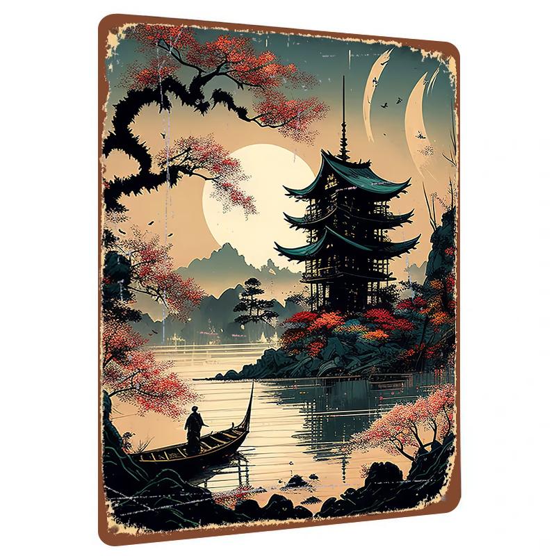 Chinese Ancient Landscape Pavilion Metal Wall Art Traditional Home Decor Painting 20X30CM
