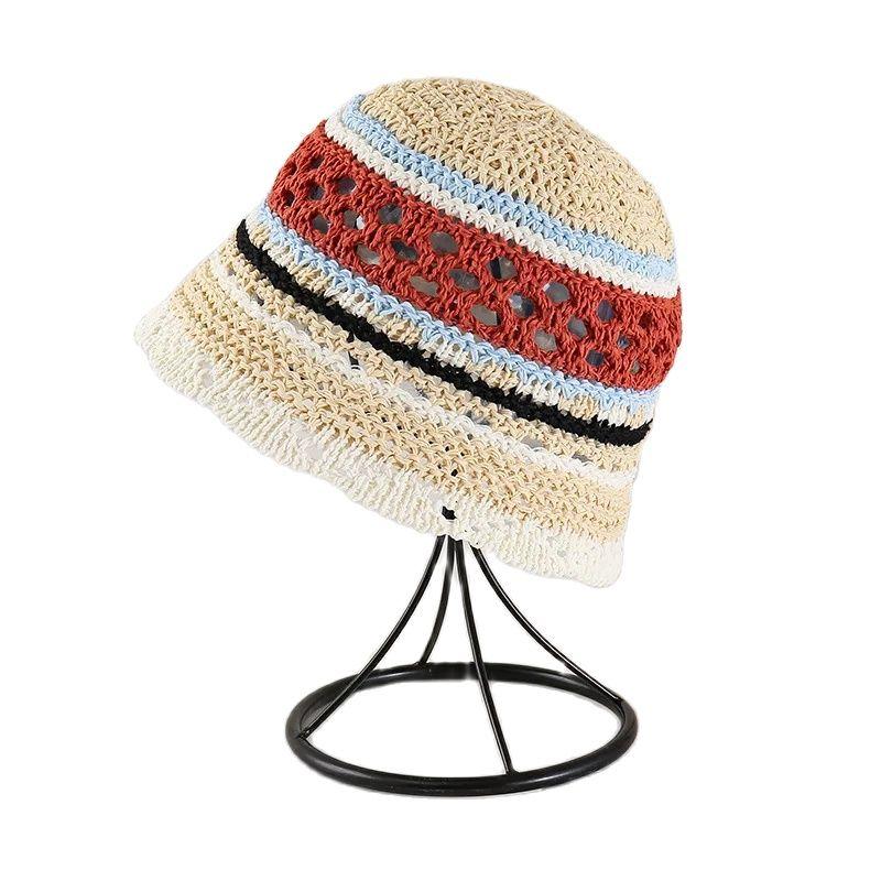 Summer Hollow Bucket Hat Colorful Stripe Sun Hat  Japanese Colorblock Bohimian Fisherman Hat Travel Beach Panama Cap Mom Gift