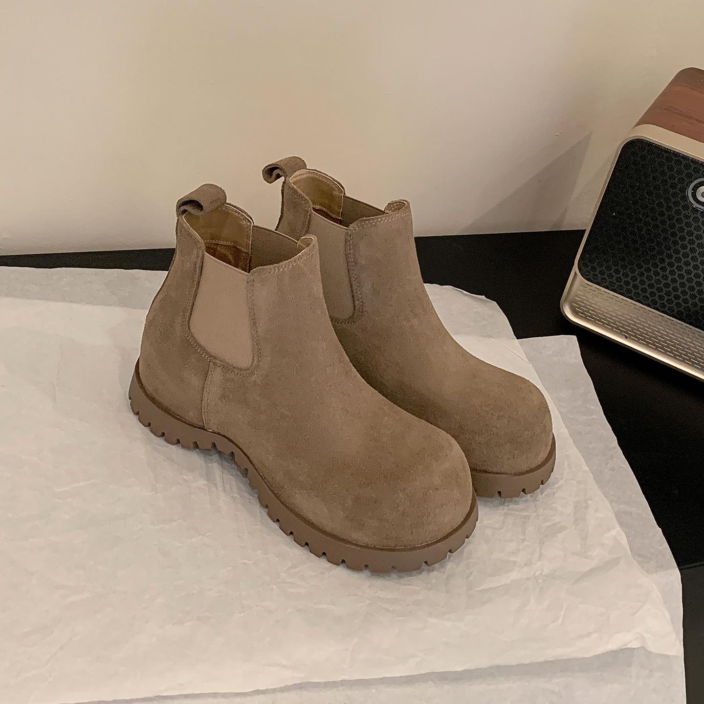 

Версия из коровьей кожи на толстой подошве с внутренней высотой, увеличивающей рост, ботинки Мартин с круглым носком, женские новые универсальные ботильоны Челси из ретро матовой кожи, стройнящие 39 хаки