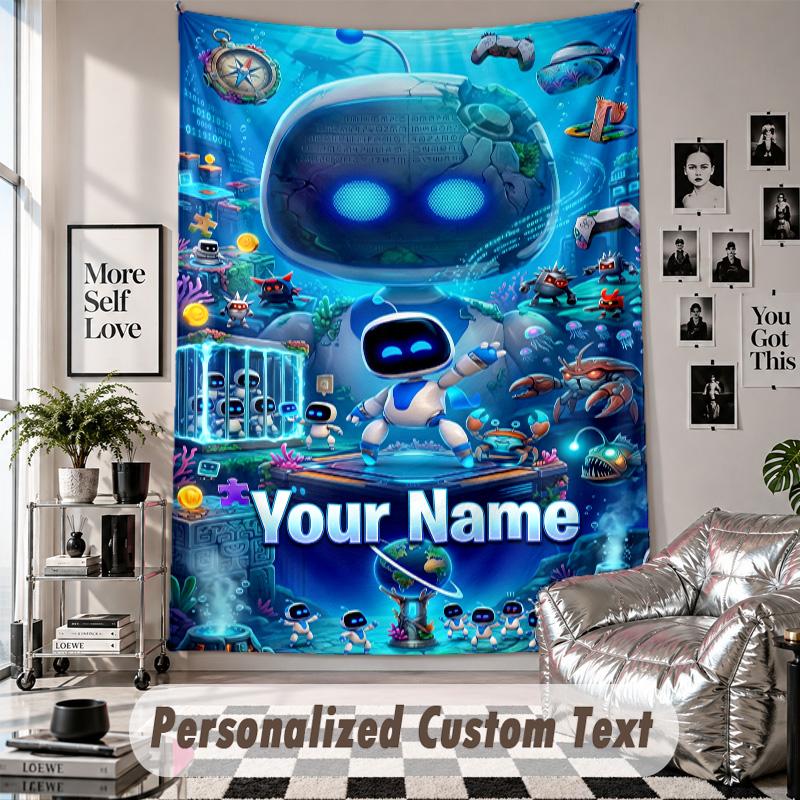 Wall Hanging Tapestry With Custom Name & Text, Astro Bot Decorative Tapestry For Bedroom