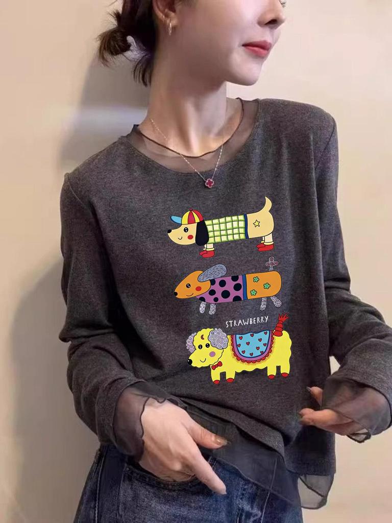 Women's Autumn/Winter Slim Fit Retro Mesh Long Sleeve T-shirt with Puppy Print