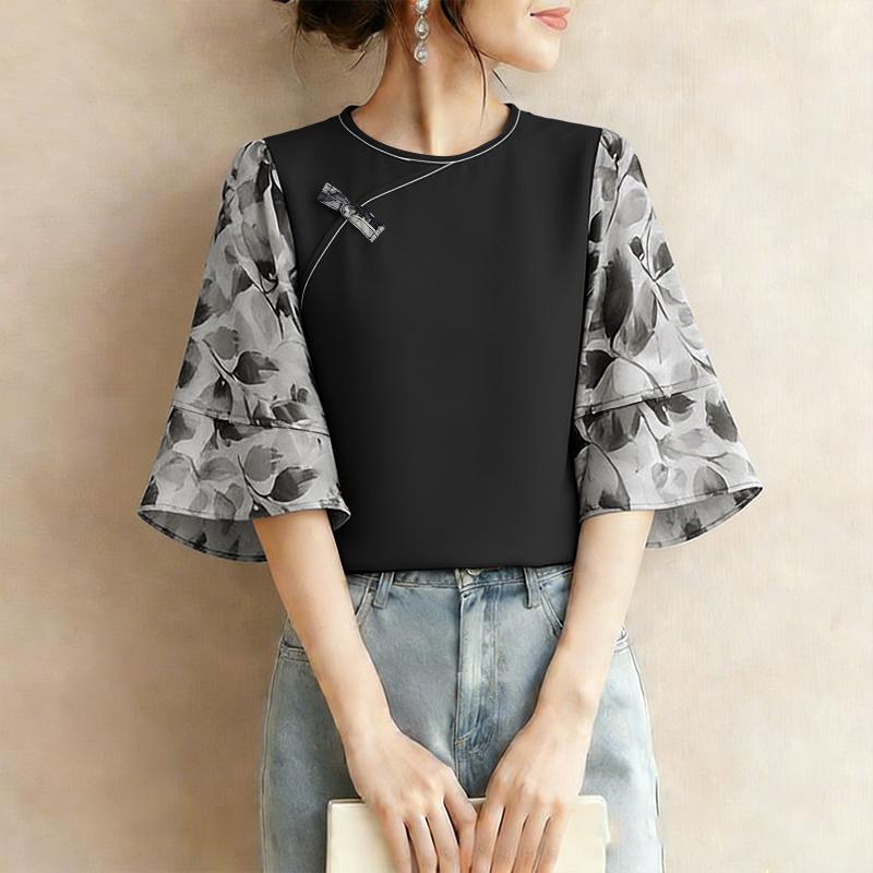 ZANZEA Damen Lässige Rundhals 3/4 Ärmel Locker Patchwork Bluse