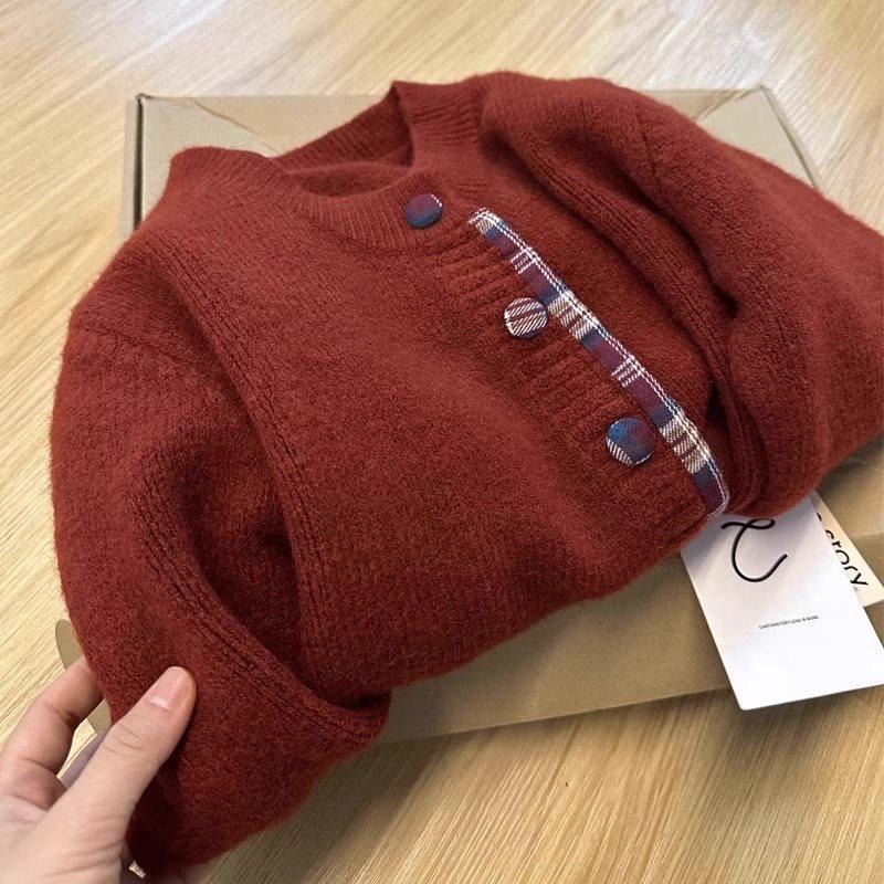 Women's Loose Knit Plaid Patchwork Cardigan - Korean Style, Round Neck, Fake Two-Piece, Spring/Summer 2025