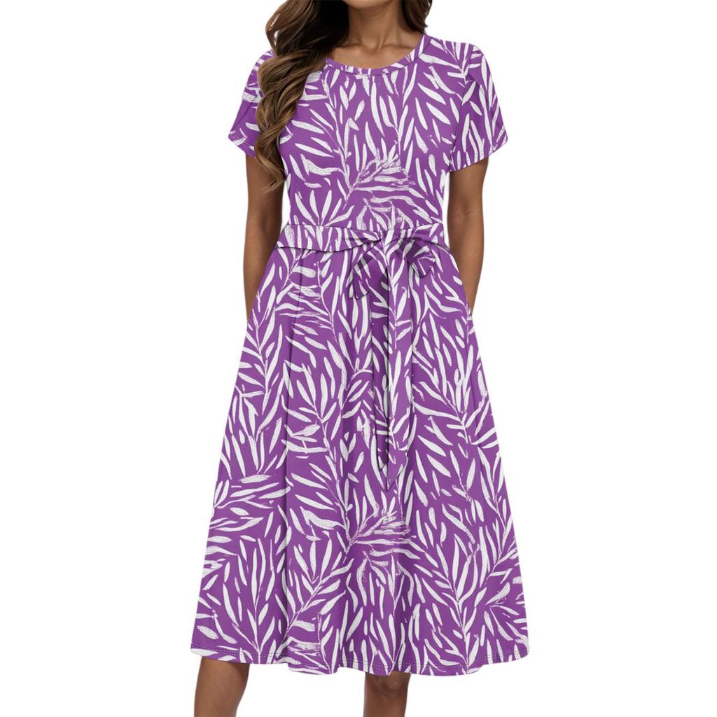 Women's Summer Fashion Round Neck Casual Plant Floral Print Short Sleeve Dress
