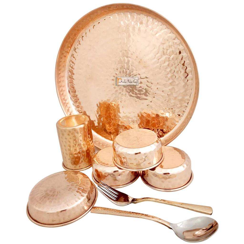 Prisha India Craft Set Thali din cupru pur, farfurie, bol, lingură, furculiță, pahar, 30 cm