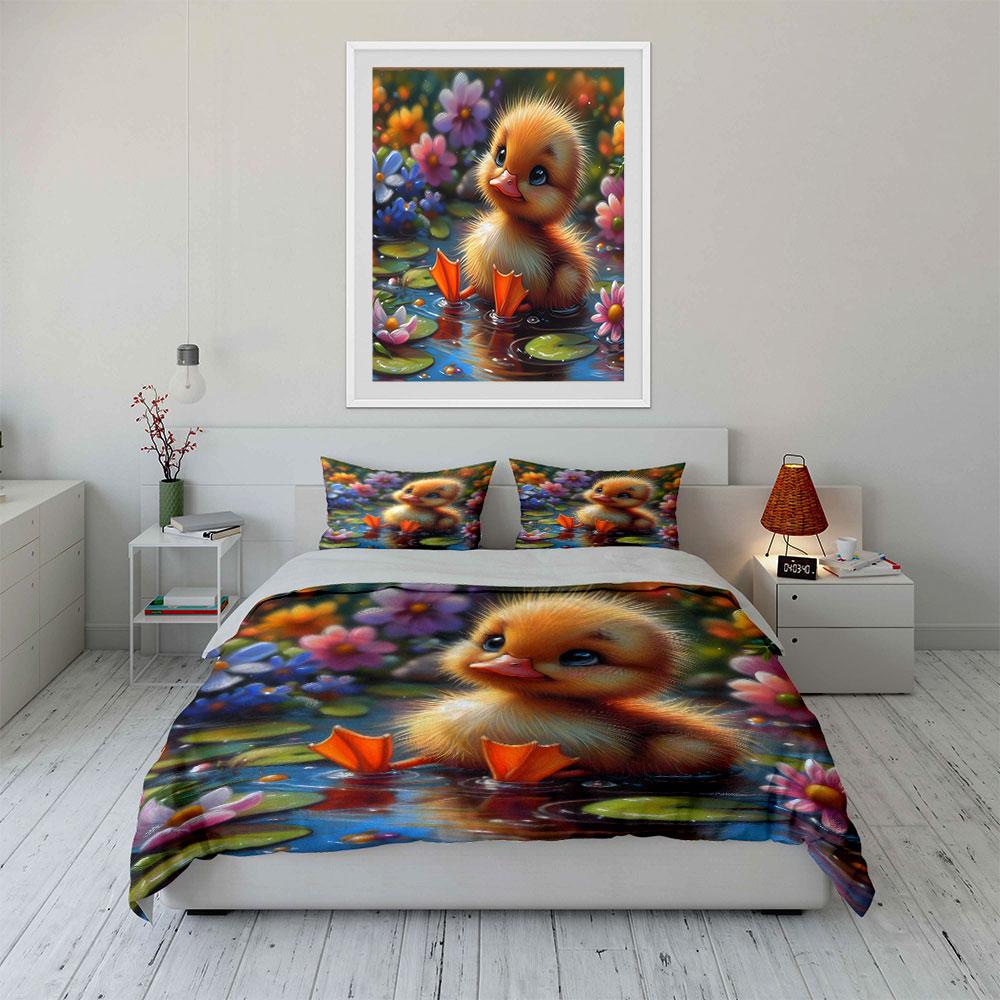 Cute Duckling In Flower Pond Print Soft Comfortable Duvet Cover Bedding Set Included 1*Duvet Cover 2*Pillowcases Luxury Gift