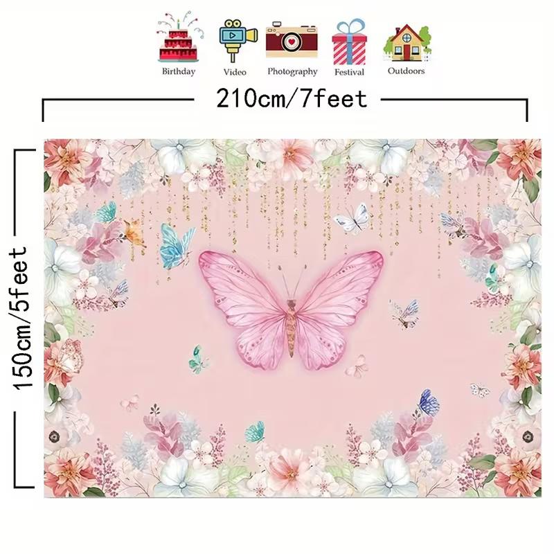 2D Flat Printing Party Backdrop Whimsical Pink Butterfly Scene with Floral Border