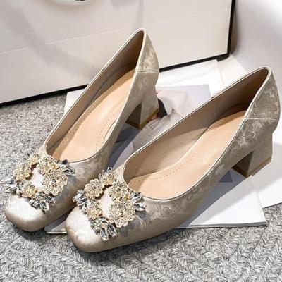 Fashion Woman High Heels Square Toe Rhinestone Fashion 2025 New Spring/Summer Satin Shallow Mouth Women's Shoes Elegant Banquet Pumps