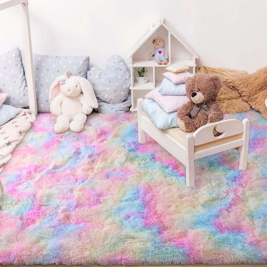 NOAHAS Soft Fluffy Rainbow Rugs for Girls Bedroom Shaggy Kids Playroom Home Decor Mat Colorful Plush Nursery Cute Fuzzy Carpet