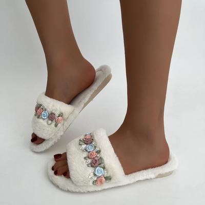 Leisure Fluffy Fur Slippers Women Warm Plush Flat Low Heels Women Shoes Colorful Flower Platform Shoes Furry Slippers