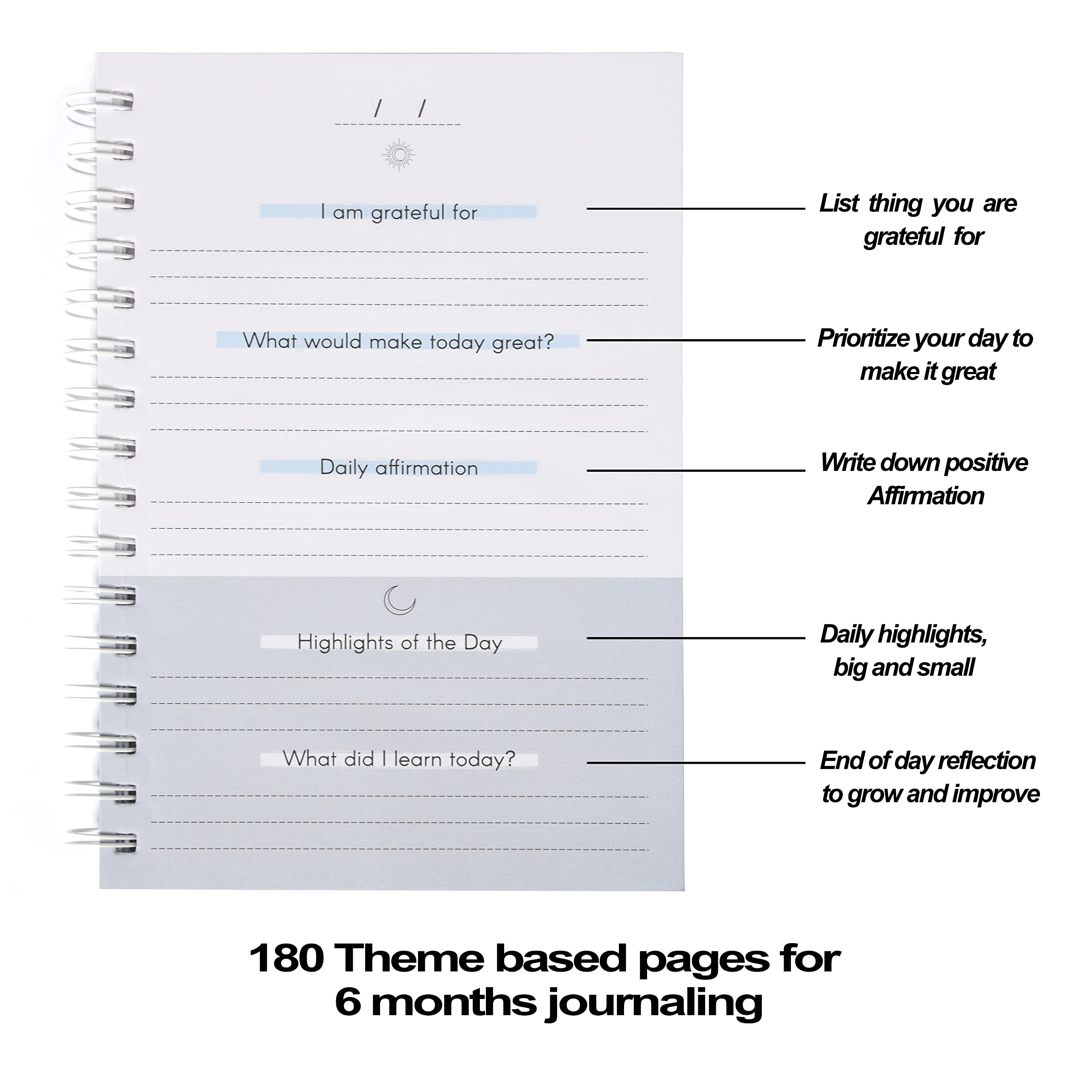 Papboo The Five Minute Gratitude Journal for 6 months, Affirmation Journal, Planner, Happiness,Productivity, Self Care, 5