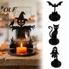 Elegant Living Room Accessory Halloween Wooden Shadow Candle Holder, Scarecrow Bat Black Cat Ghost Silhouette Artistic Table Ornament for Home