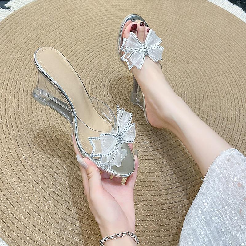 Fashion Plus Size High Heel Slippers Women's Wedge Round Toe Open Toe Crystal Bow One-Line Non-Slip Sheer Sandals Summer New
