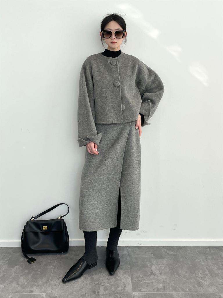 Southern Fish Women's Wool Short Coat & Slit Midi Skirt Set - Dyed & Degreased, Round Neck 