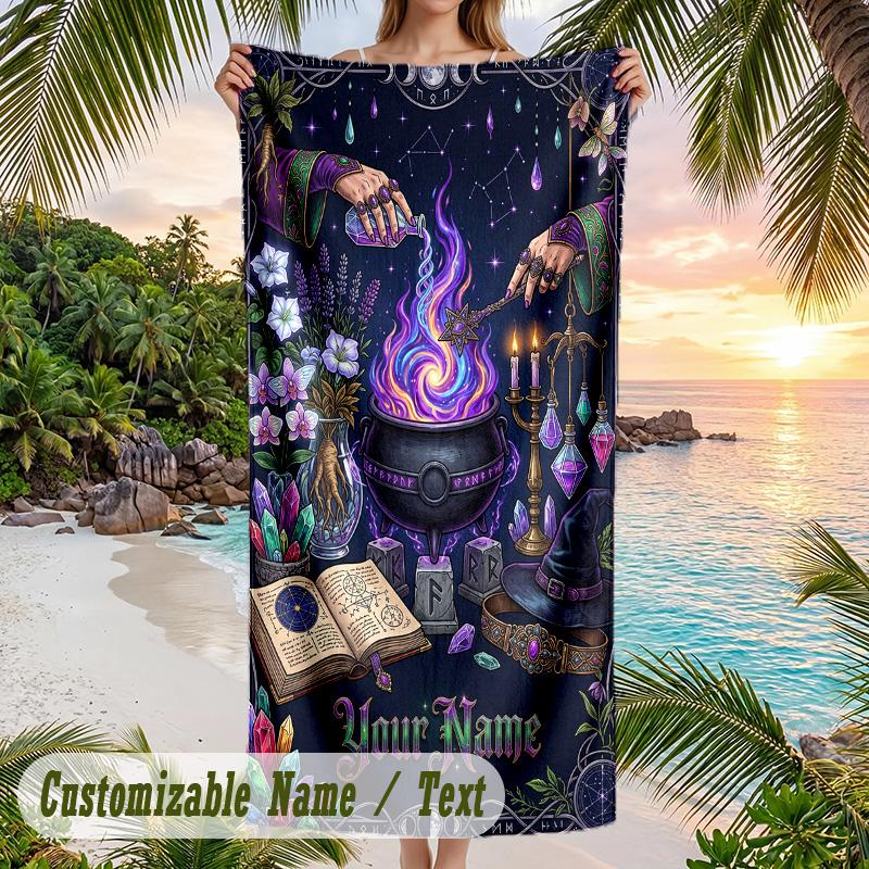 Witchcraft Theme Beach Towel Personalized Custom Name & Text Soft Quick Dry Beach Towel for Swimming Travel