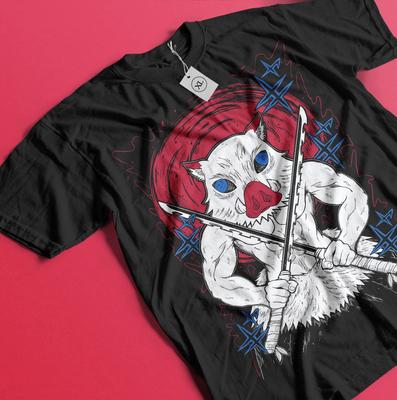 Anime Demon Slayer Inosuke Graphic Black T-Shirt All Size