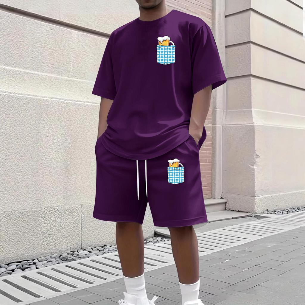 Herren Casual Kurzarm T-Shirt und Shorts Set Rundhalsausschnitt Oberteil und Bund mit Kordelzug Unterteil mit Taschen detail Geeignet für den täglichen Gebrauch