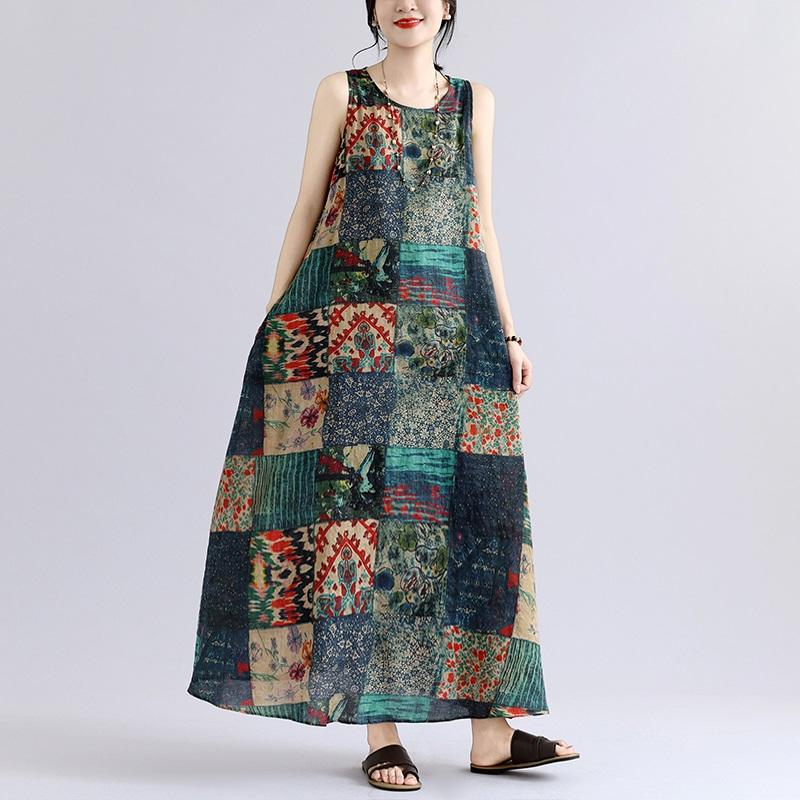 Fără mâneci Plus mărime Bumbac vintage Floral nou în rochii pentru femei rochie lejeră lungă de vară