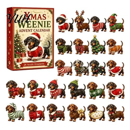 Hunde-Thema Feiertagsgeschenk 2026 Weihnachten Dackel Adventskalender, 24-Tage Countdown Spielzeugset mit Mini-Box-Figuren, Acryl-Ornament-Sammlung,