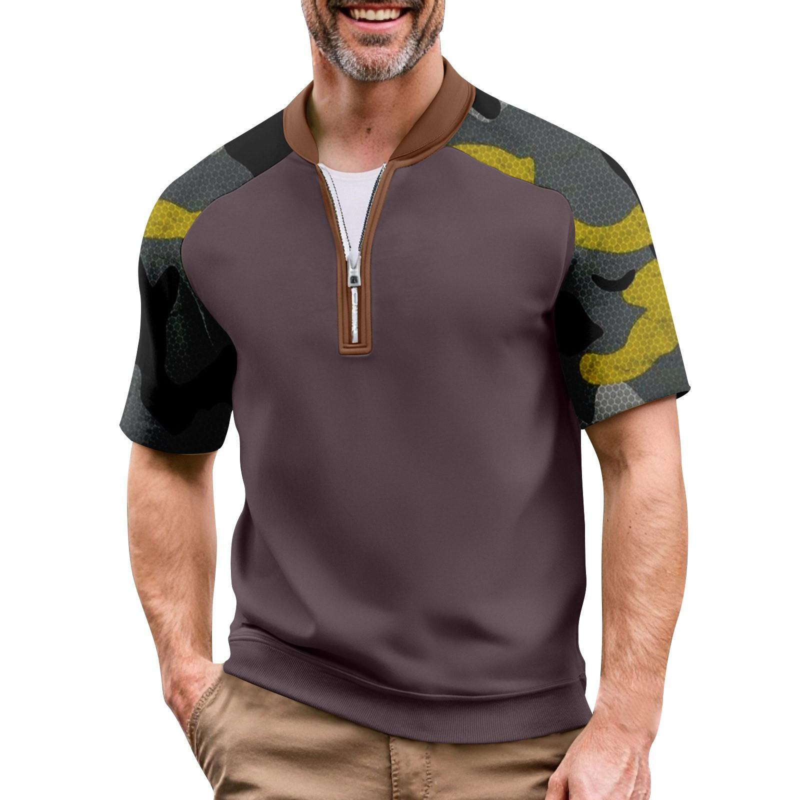 

Men s Summer Camouflage Color Casual T-shirt Sports Breathable Zipper Collar Top S