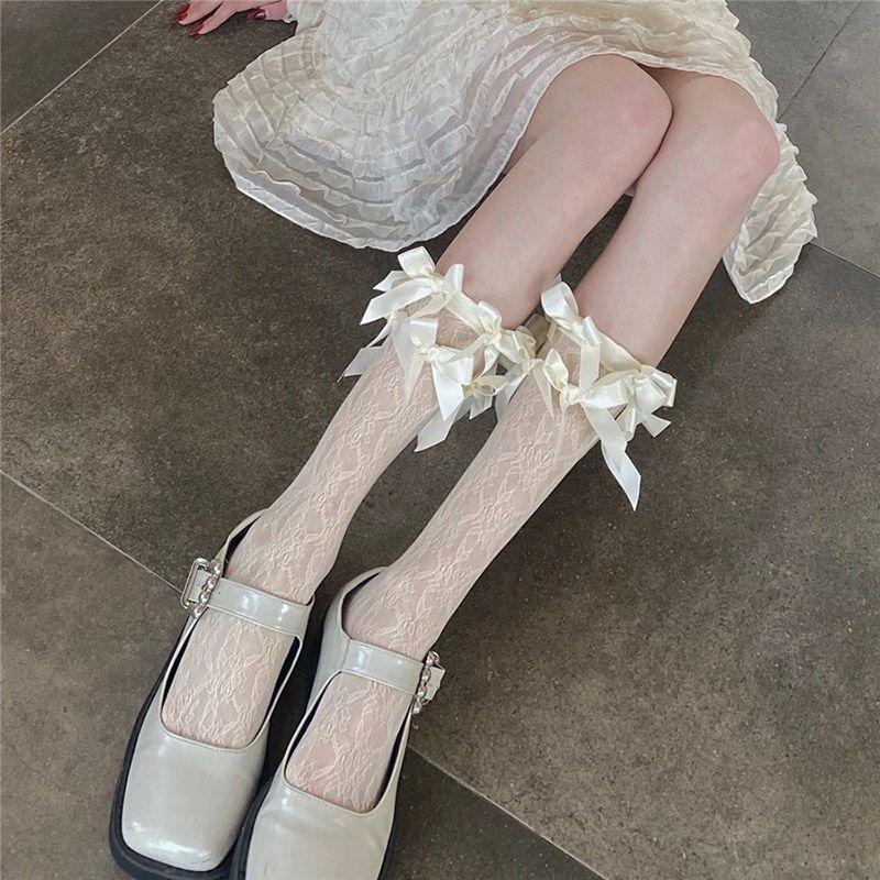 

Японские гольфы до колена в стиле Лолита для женщин | Тонкие кружевные носки до икры с бантиком, идеально подходят для весны и осени бежевый