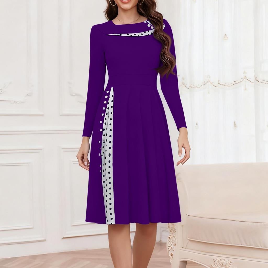 Ladies' Fashionable Retro Long Sleeved Round Neck Polka Dot Printed Dot Dress