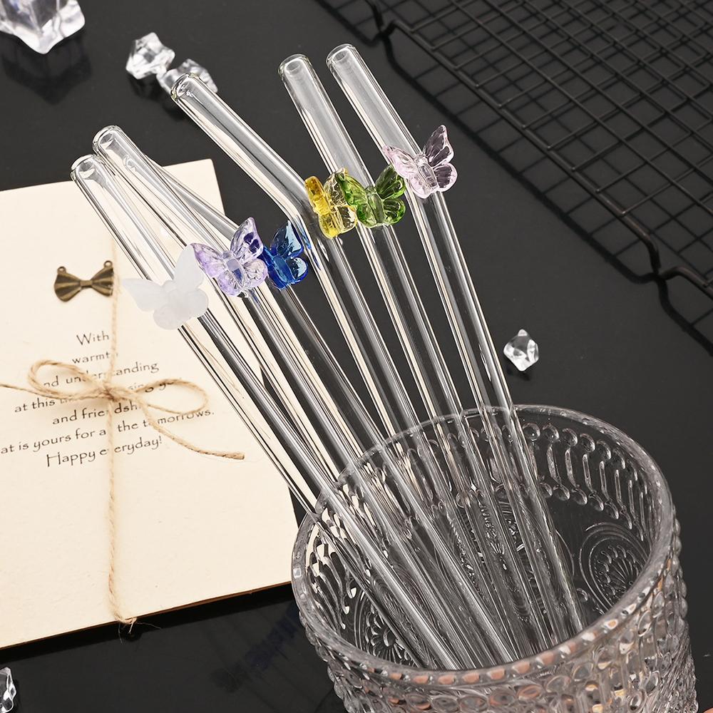 8 Stück Glasstrohhalme mit Schmetterlingsdesign und Bürste 200*8mm Wiederverwendbares Trinkhalm-Set Milchshakes Cocktail Kaffee-Strohhalme Haushalts-Bar-Zubehör