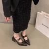 French black pointed single shoes women's shoes 2025 new spring, autumn and winter medium and high heels evening shoes Mary Jane small leather shoes