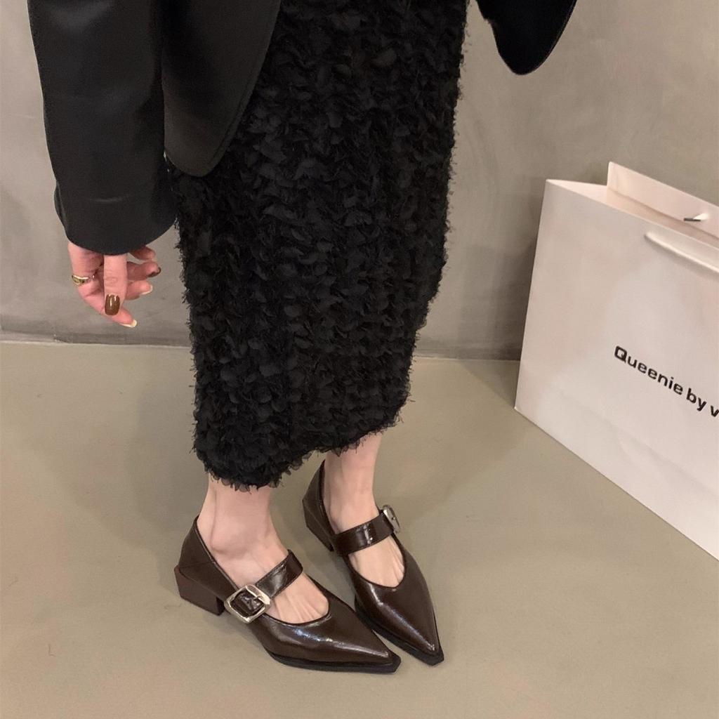 French black pointed single shoes women's shoes 2025 new spring, autumn and winter medium and high heels evening shoes Mary Jane small leather shoes