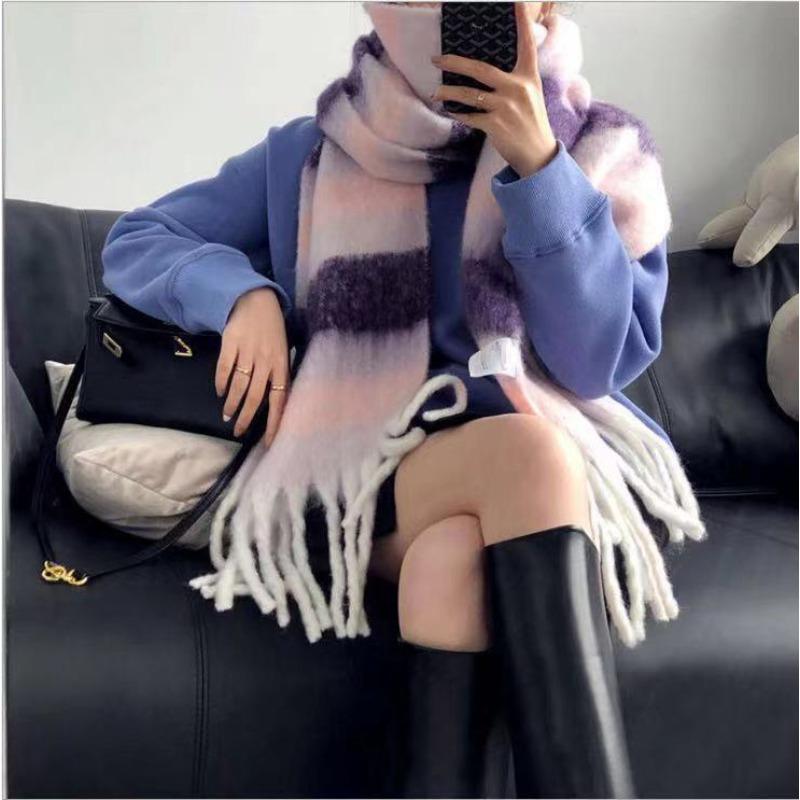 Rainbow Scarf Female Winter Shawl Couple Colorful Plaid Warm and Thickened Ins Fashion Cute Girl Student Versatile