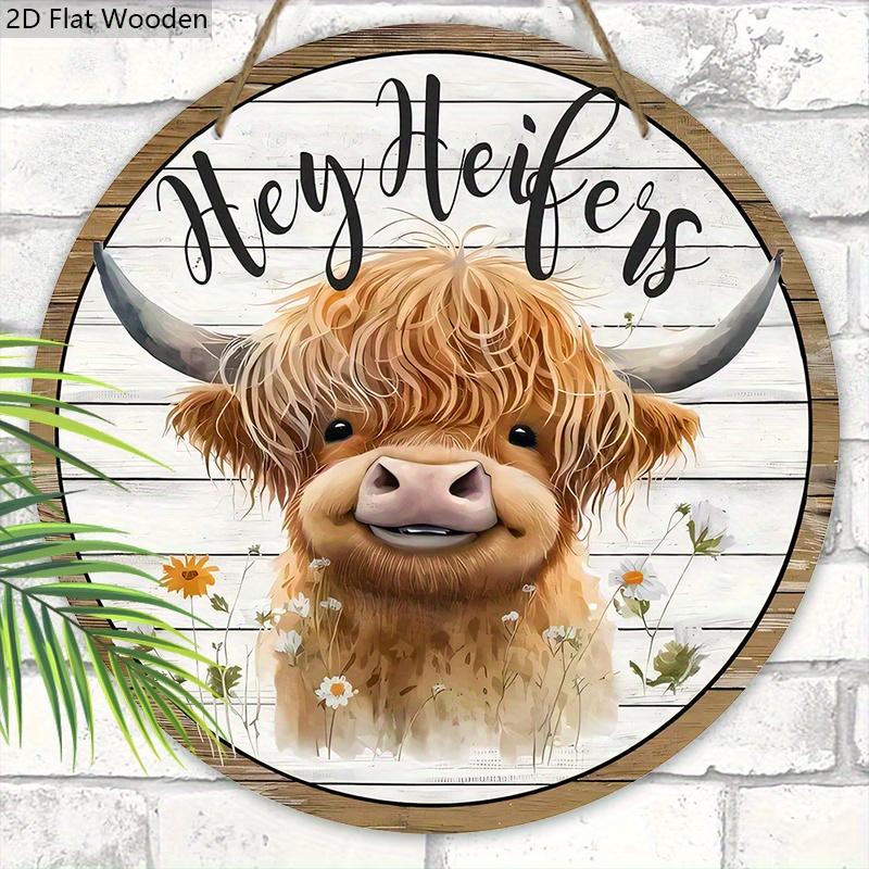 Wooden Welcome Sign with Highland Cattle Design - Rustic Decorative Plaque for Farmhouse, Front Door, Porch, Holiday Decorations