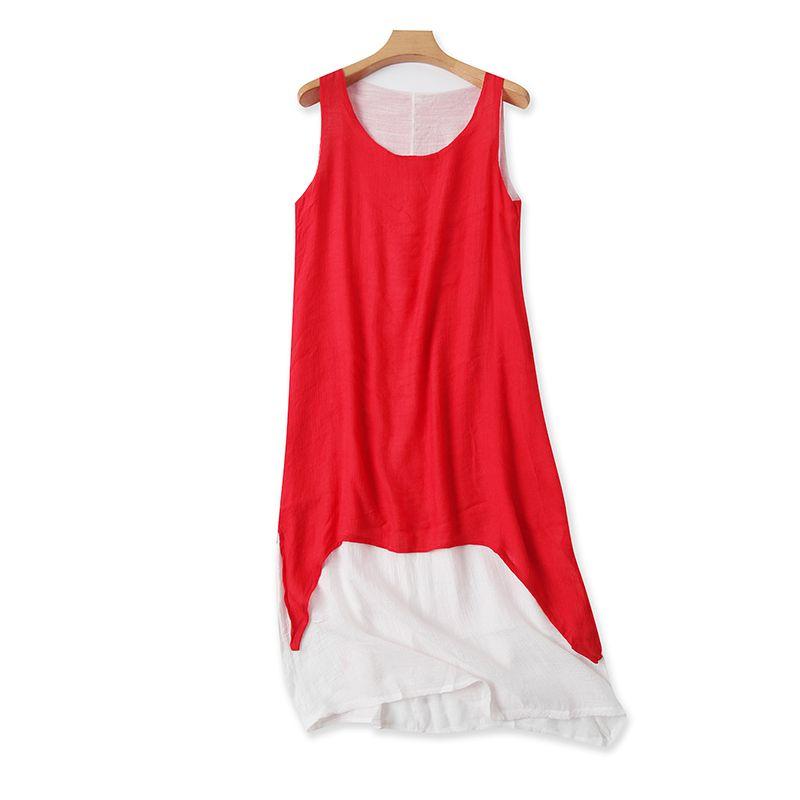 

Хлопково-льняное платье в стиле артистик, женское, летнее, новинка, платье-майка свободного кроя из двух частей, с круглым вырезом, длинная юбка N/2-2 Red All yards