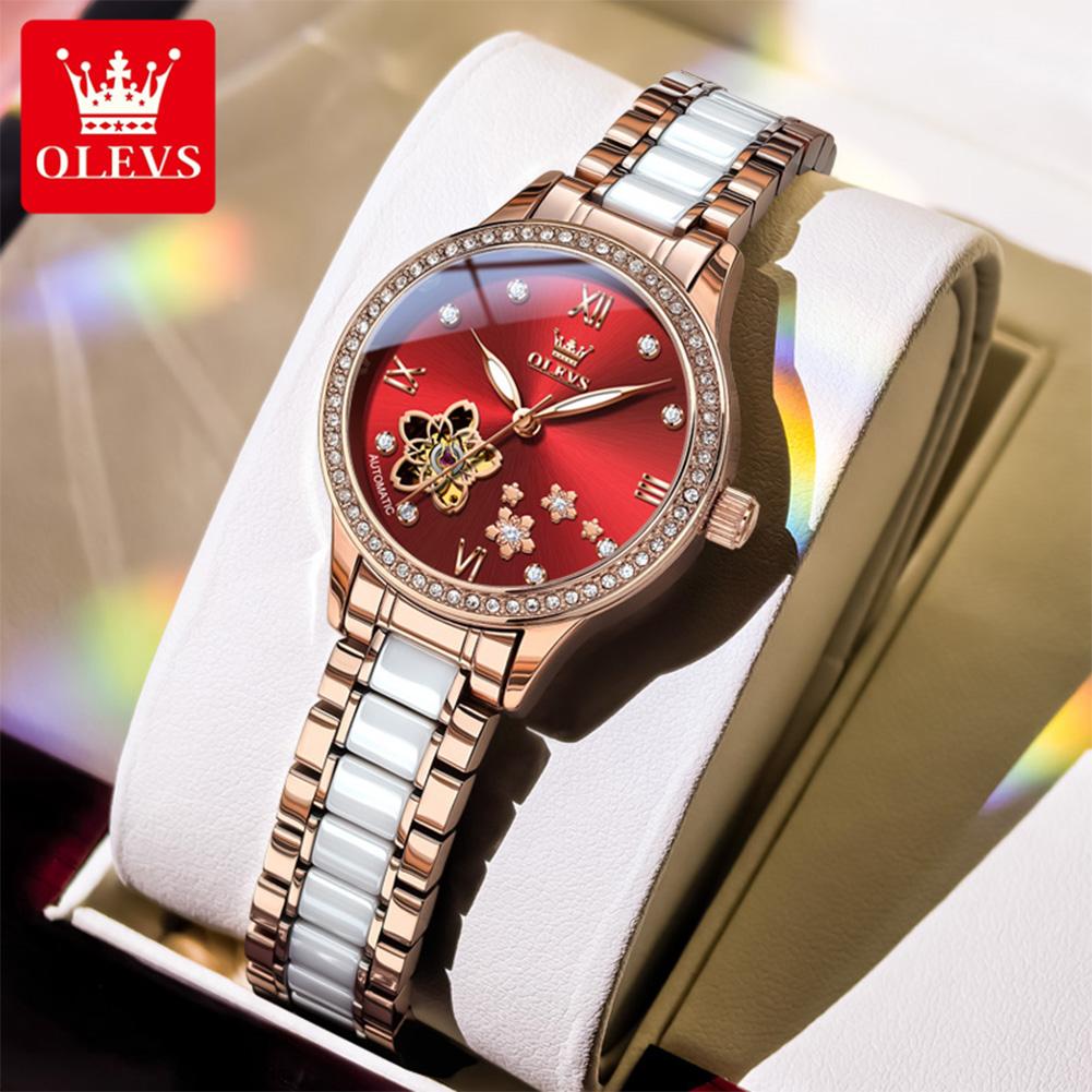 OLEVS Automatic Mechanical Woman Watch Hollowed Flower Design Ceramic Strap Diamond Bezel Luminous Waterproof Watches for Women