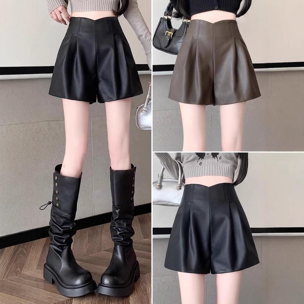 

Women s Black Leather High-Waisted A-Line Shorts: Autumn/Winter 2024 Casual Wide-Leg Slim-Fit XL [119-130 lbs]