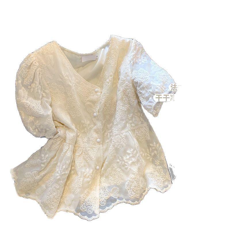 Embroidered Jacquard Craft Puff Sleeves French Design Sense V-neck Waist Fashion Loose Chiffon Short-sleeved Lace Shirt Women